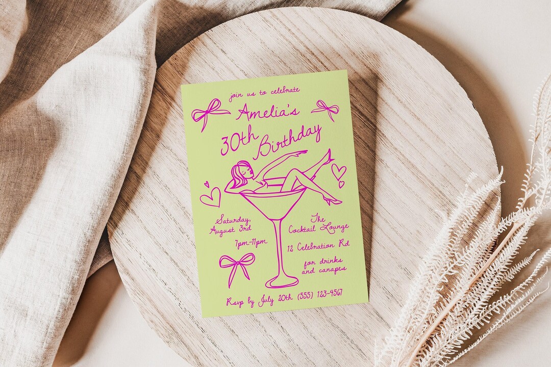 Chic Hand Drawn Girl in A Martini Glass 30th Birthday Invitation, Personalized Editable Template, Elegant Party Invite