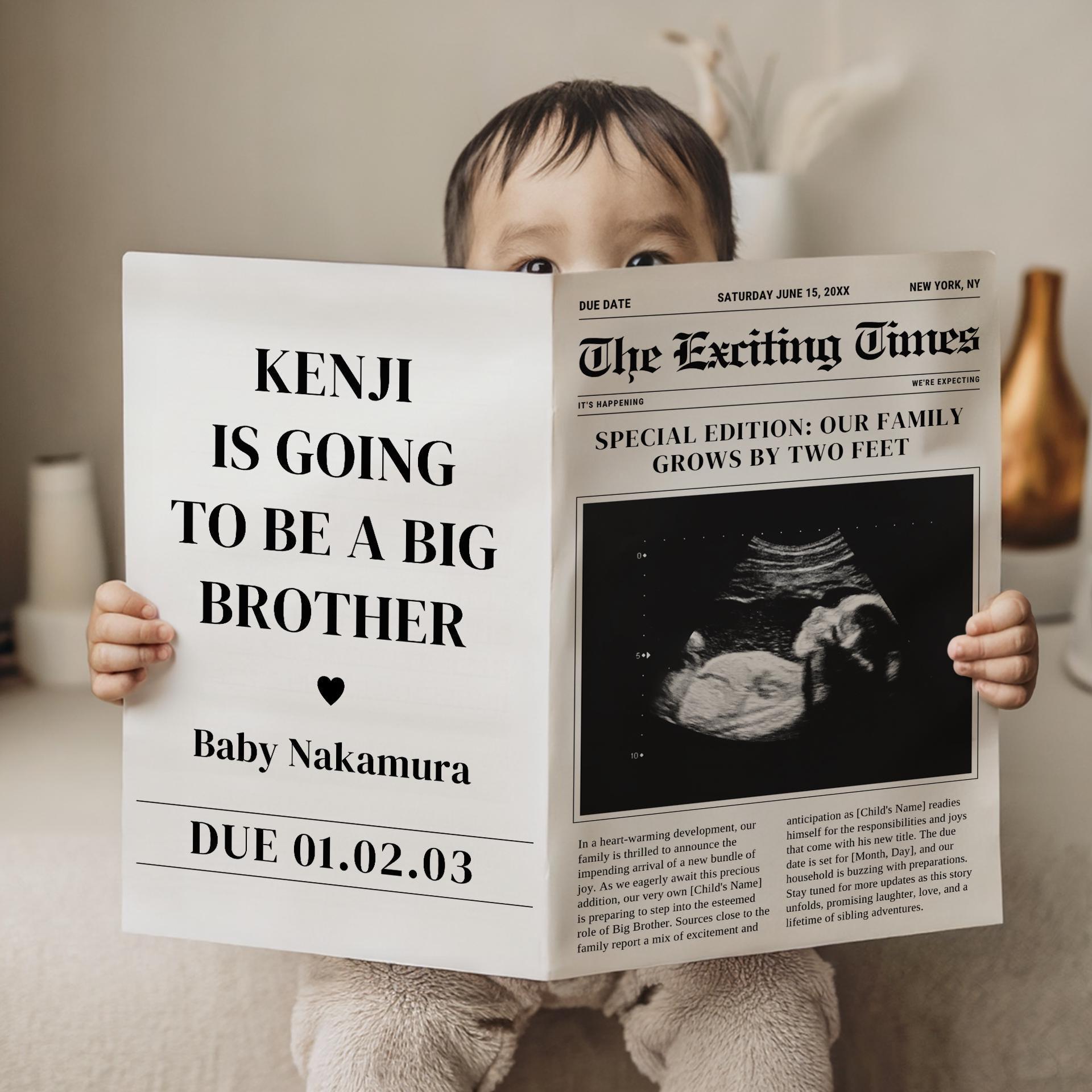 Unique Big Brother Announcement - Pregnancy Newspaper Template - Editable Digital Download - Cute Big Brother Idea