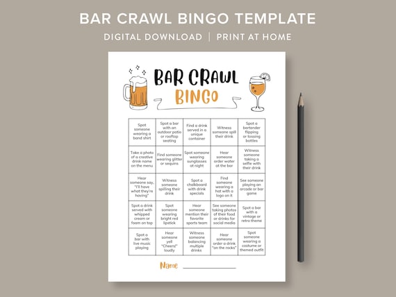 Bar Crawl Bingo Bar Bingo Drinking Game Cards Adult Party Games Ladies Night Games Birthday Bar Crawl Birthday Pub Crawl Games