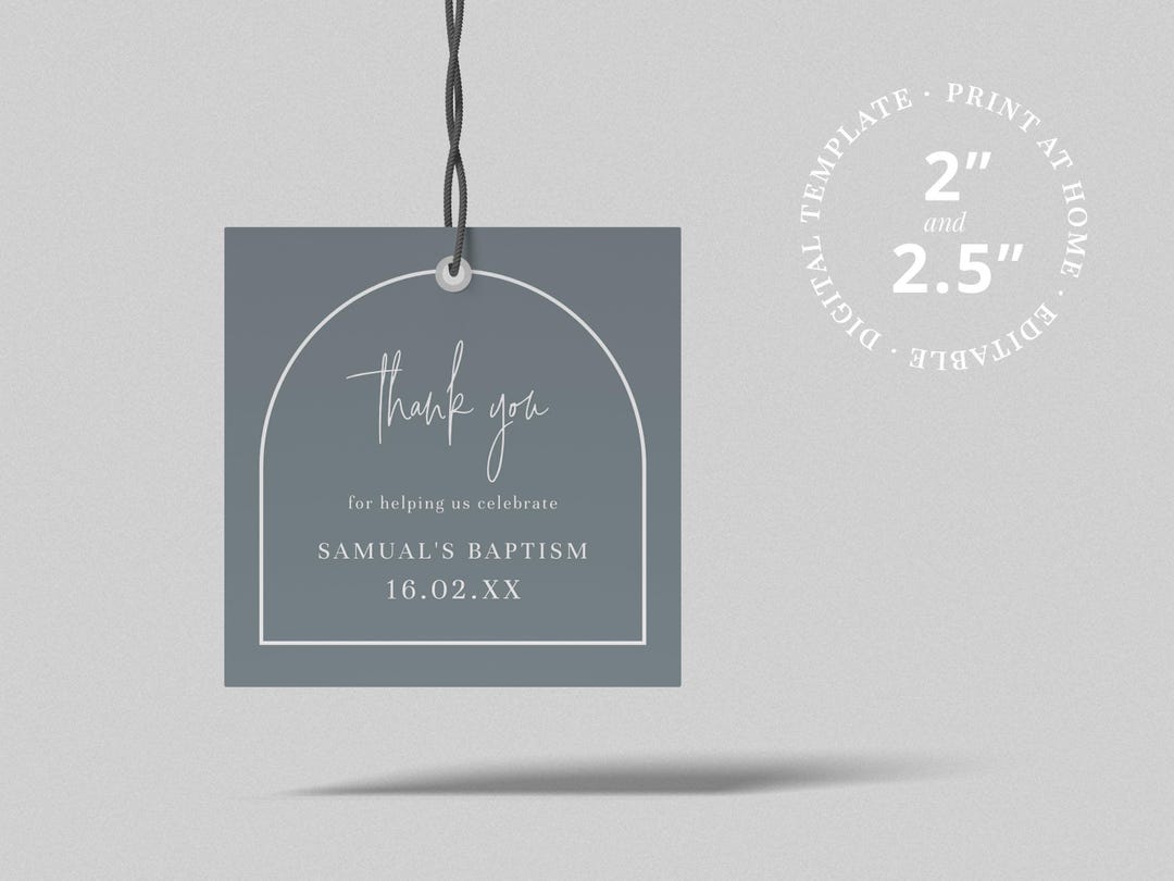 Baptism Thank You Printable Cookie Tag for Favors - Dusty Blue Arch Design