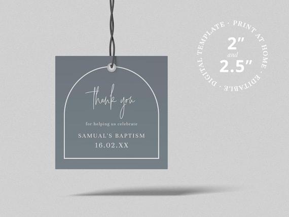 Baptism Thank You Printable Cookie Tag for Favors - Dusty Blue Arch Design