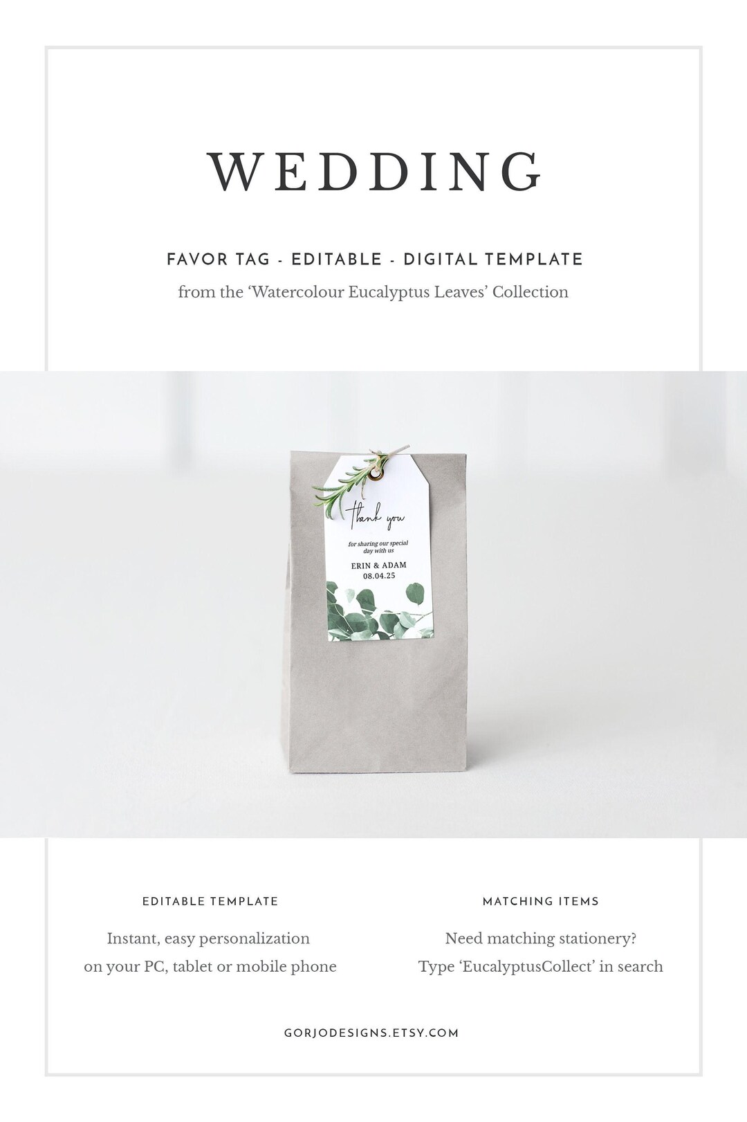 Wedding favor tag with watercolor botanical design, Customizable DIY template printable favor tag, greenery favor tag template