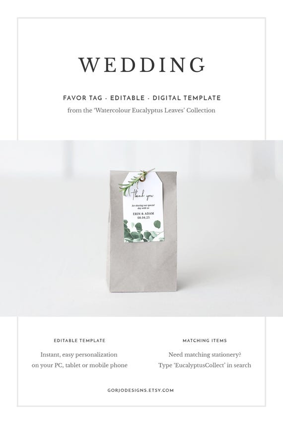 Wedding favor tag with watercolor botanical design, Customizable DIY template printable favor tag, greenery favor tag template