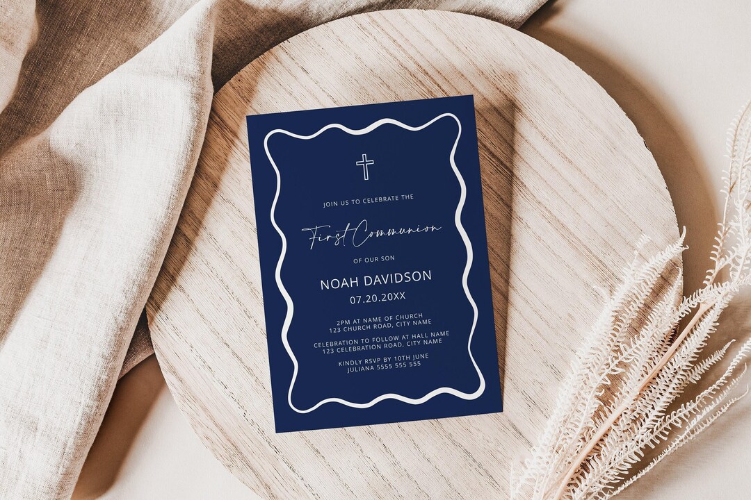 Navy Blue Communion Invites, First Holy Communion Invitation Boy Simple, Wavy Border, Editable Template