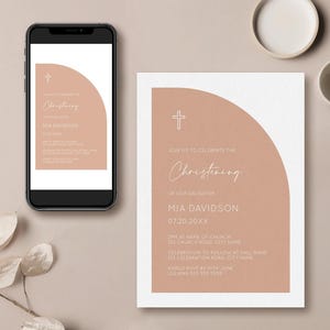 Minimalist Blush Pink Half Arch Christening Editable Invitation Template