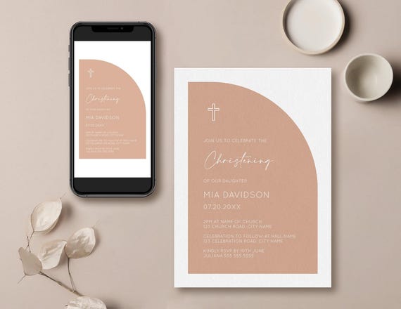 Minimalist Blush Pink Half Arch Christening Editable Invitation Template