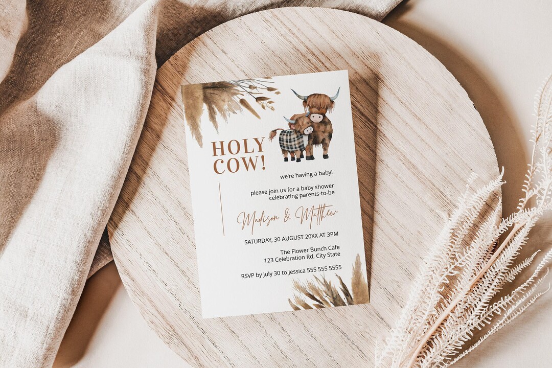 cow baby shower invites, highland cow baby shower, cow baby shower invitation, holy cow, pampas baby shower INSTANT DOWNLOAD
