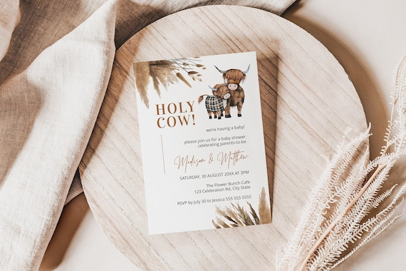 cow baby shower invites, highland cow baby shower, cow baby shower invitation, holy cow, pampas baby shower INSTANT DOWNLOAD