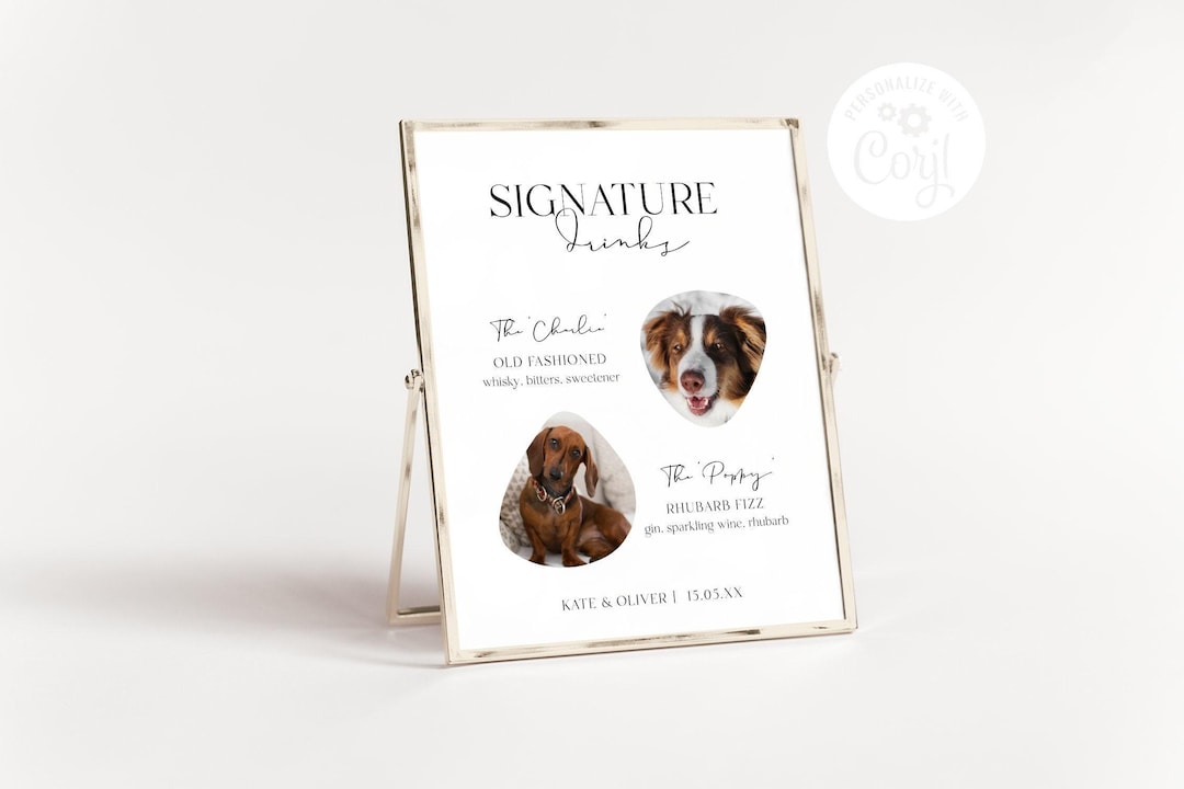 Custom Signature Drink Signs with Dogs, Personalized Bar Décor, Wedding & Event Dog Sign TEMPLATE