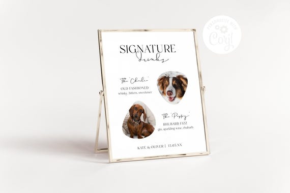 Custom Signature Drink Signs with Dogs, Personalized Bar Décor, Wedding & Event Dog Sign TEMPLATE