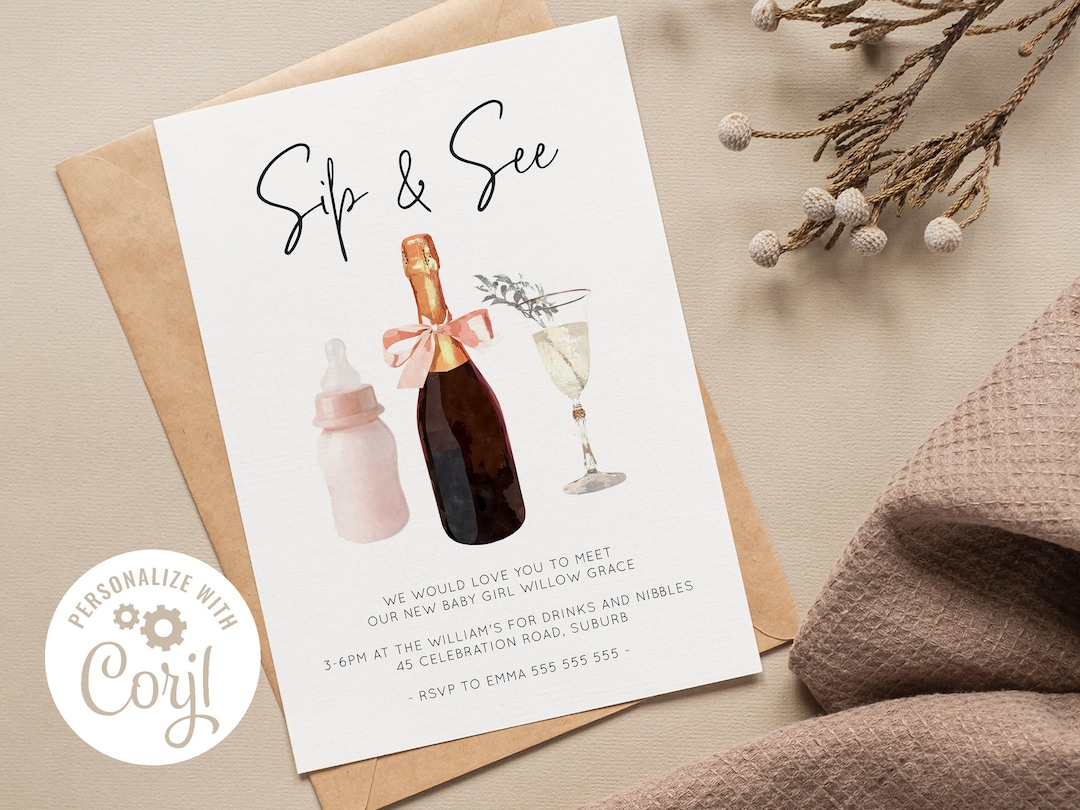 Sip & See Baby Girl Invitation, Sip and See Boy Invitation, Printable Baby Announcement, Baby Shower Invitation Template, INSTANT DOWNLOAD