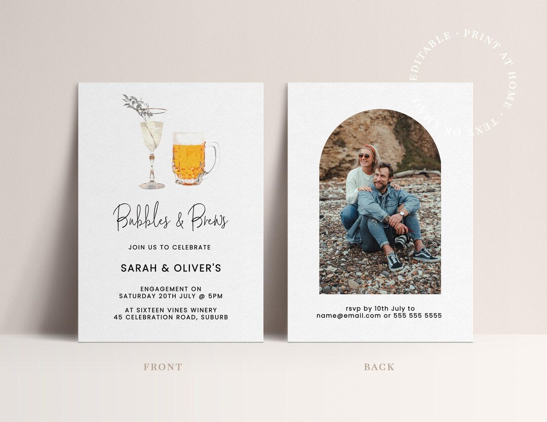 Bubbles & Brews Engagement Editable Invitation Template - Minimalist Arch Watercolor Design