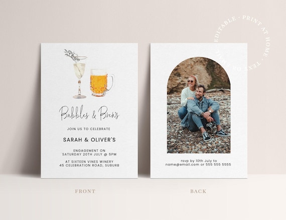 Bubbles & Brews Engagement Editable Invitation Template - Minimalist Arch Watercolor Design