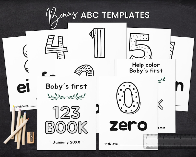 May include: Black and white printable templates for a baby's first 123 book. The pages feature numbers 0-5 with the words "zero" and "Help color Baby's first" written on them. The text "Baby's first 123 book - January 20XX -" is on a separate page.