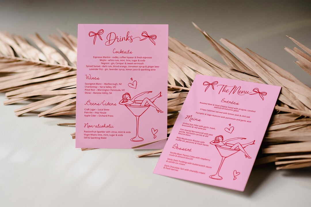 Drink menu template, bar menu template, cocktail menu, martini bachelorette, dirty martini, espresso martini, margs and matrimony, TEMPLATE