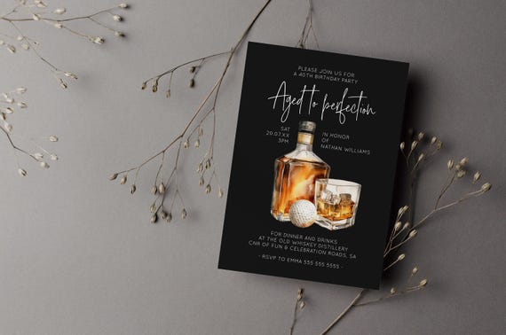 Printable 40th & 30th Birthday Invitation for Him: Whiskey Theme Party Invite | AB02WBB