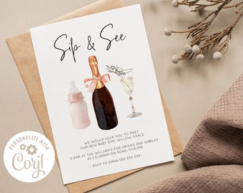 Sip & See Baby Girl Invitation, Sip and See Boy Invitation, Printable Baby Announcement, Baby Shower Invitation Template, INSTANT DOWNLOAD