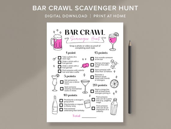 Bachelorette scavenger hunt, bar crawl scavenger hunt bar scavenger hunt adult scavenger hunt bar crawl games printable pub scavenger hunt