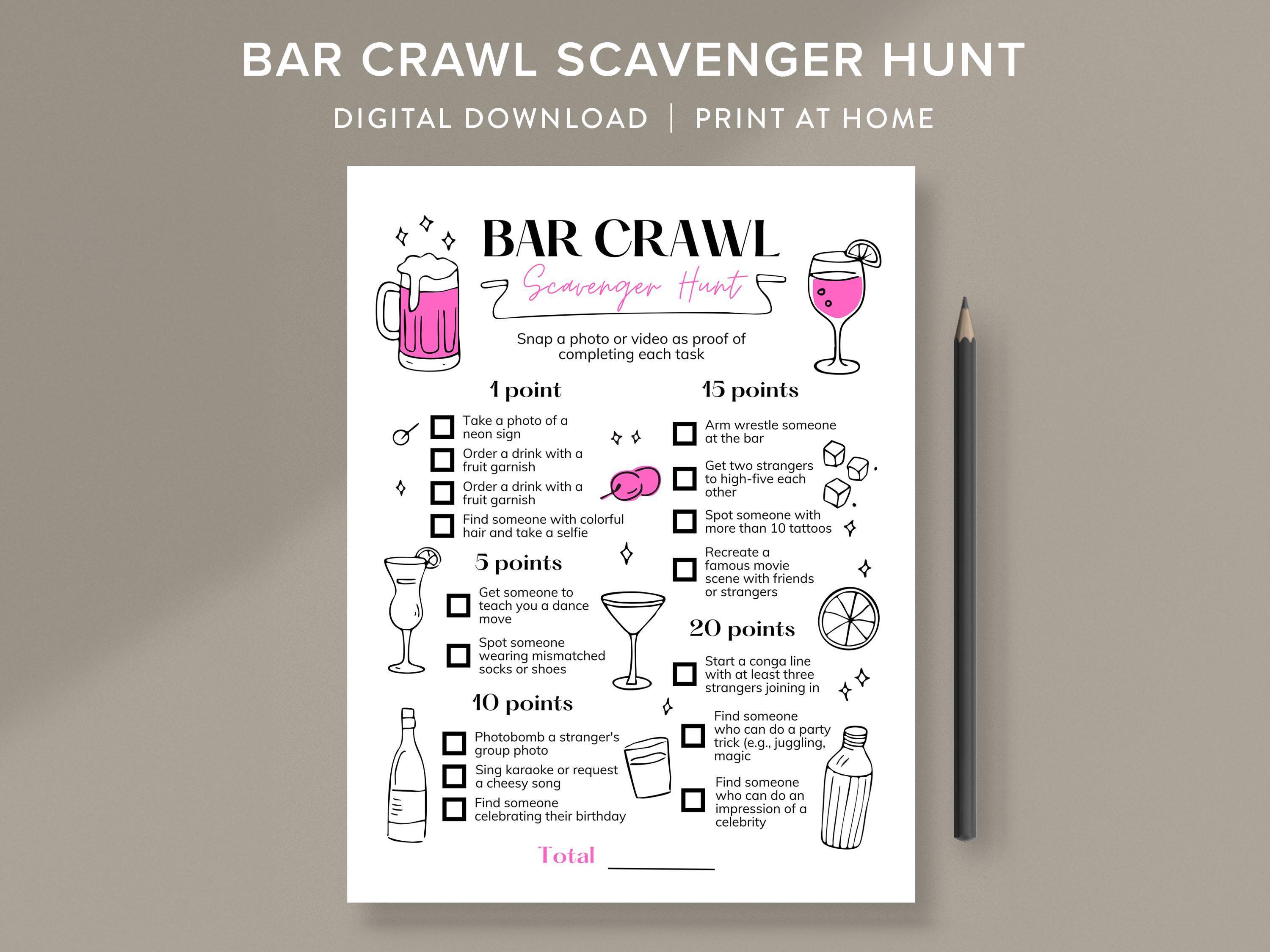 Bachelorette scavenger hunt, bar crawl scavenger hunt bar scavenger hunt adult scavenger hunt bar crawl games printable pub scavenger hunt