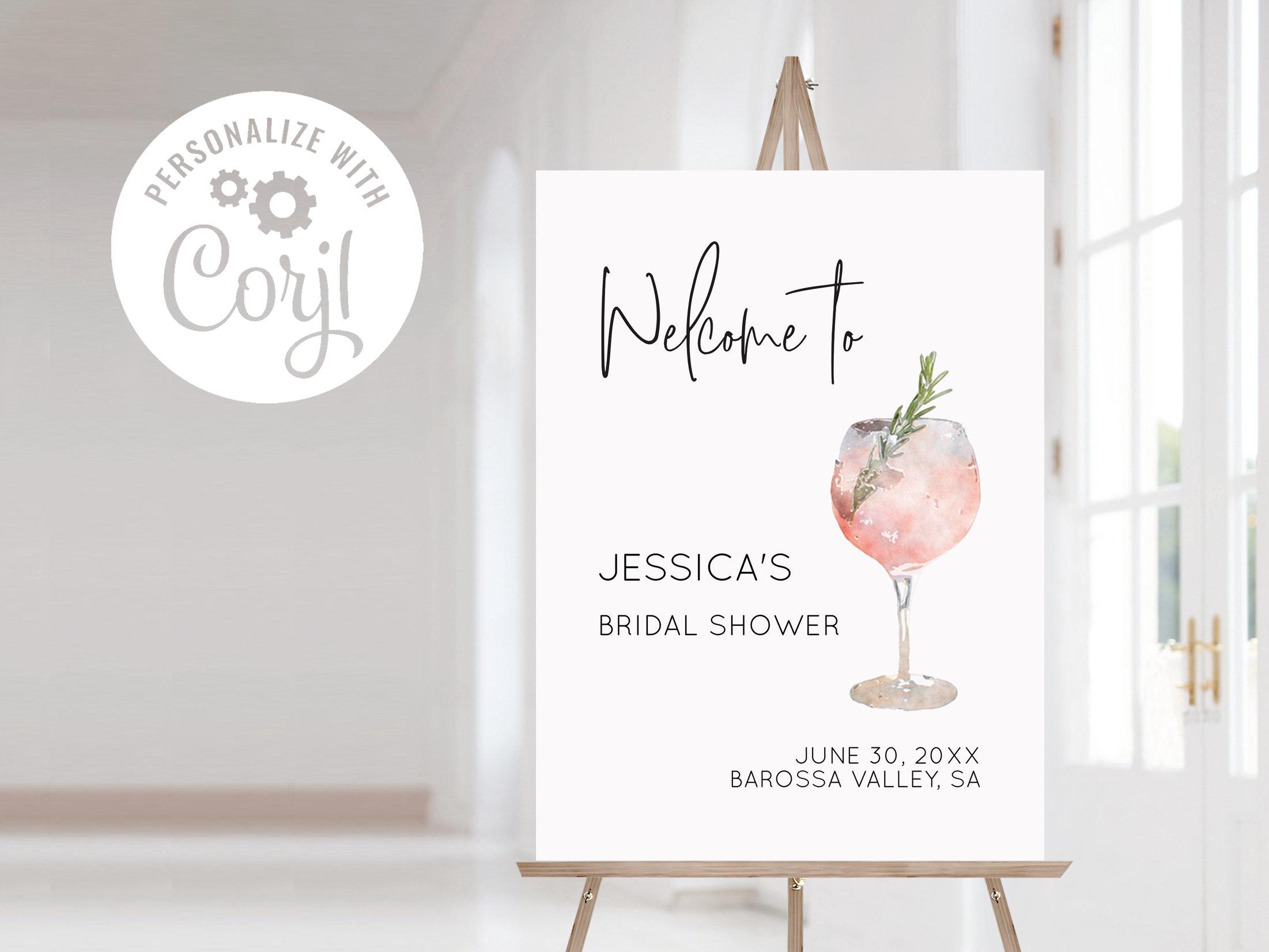 Pink Cocktail / Wine / Rosé Bridal Shower Welcome Sign Template, Printable Bridal Shower Sign, Printable Editable INSTANT DOWNLOAD