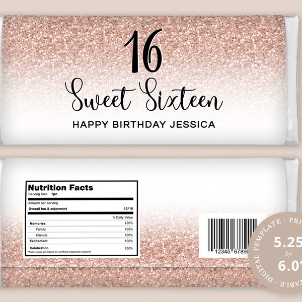 Sweet 16, 16th Birthday Chocolate Wrapper Label EDITABLE PRINTABLE to fit 1.55oz Chocolate Bar | Rose Gold Faux Glitter Ombre Design