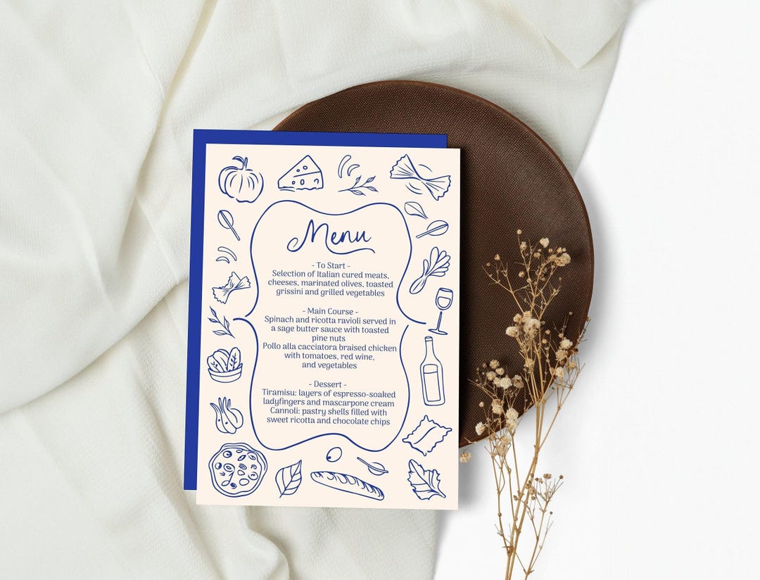 Hand Drawn Dinner Menu Printable, Italian Theme Dinner Party Event, Customizable Dinner Menu Template