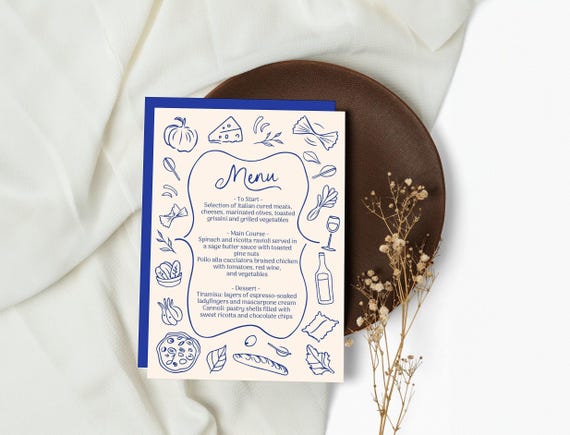 Hand Drawn Dinner Menu Printable, Italian Theme Dinner Party Event, Customizable Dinner Menu Template