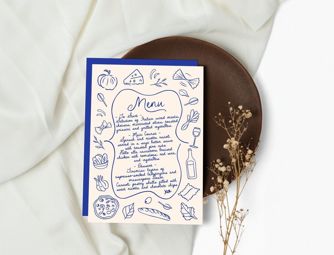 Hand Drawn Italian Menu Digital Template for Weddings, Engagements & Birthdays