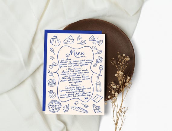 Hand Drawn Italian Menu Digital Template for Weddings, Engagements & Birthdays