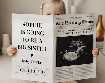 Afdrukbare zwangerschapsaankondiging in krant, bewerkbare sjabloon Baby Reveal, aangepaste digitale download van Canva