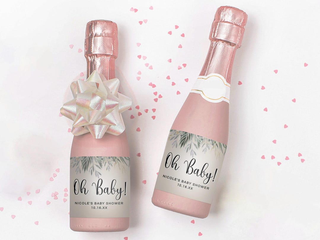 Baby Shower Mini Champagne Bottle Printable Label | Oh Baby Gender Neutral Greenery Design