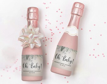 Etiqueta imprimible para minibotella de champán para baby shower / Diseño floral neutro "Oh Baby"