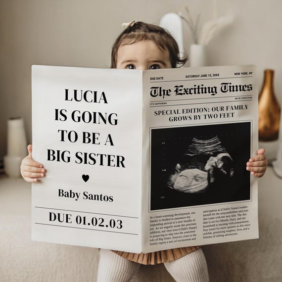 Baby Announcement, Big Sister Newspaper Reveal, Digital Editable Template, Personalized Sibling News, Big Sister Editable Newspaper Template