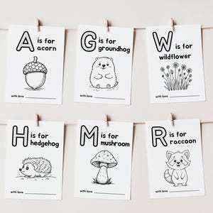 May include: Black and white printable alphabet flashcards with illustrations of an acorn, groundhog, wildflower, hedgehog, mushroom, and raccoon. Each card features a letter, the word "is for", and the name of the animal or plant.
