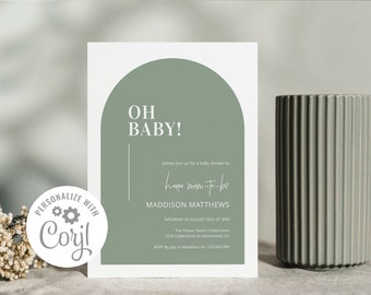 Arch Baby Shower Invitation, Oh Baby, Sage Green, Printable Baby Shower Invitation, Baby Shower Invitation Template, 5x7 INSTANT DOWNLOAD