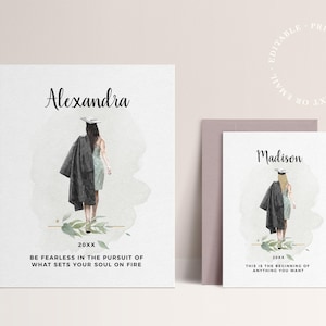 Póster de tarjeta de graduación imprimible, graduación universitaria, ilustración de acuarela de graduado, plantilla de descarga instantánea, para el graduado