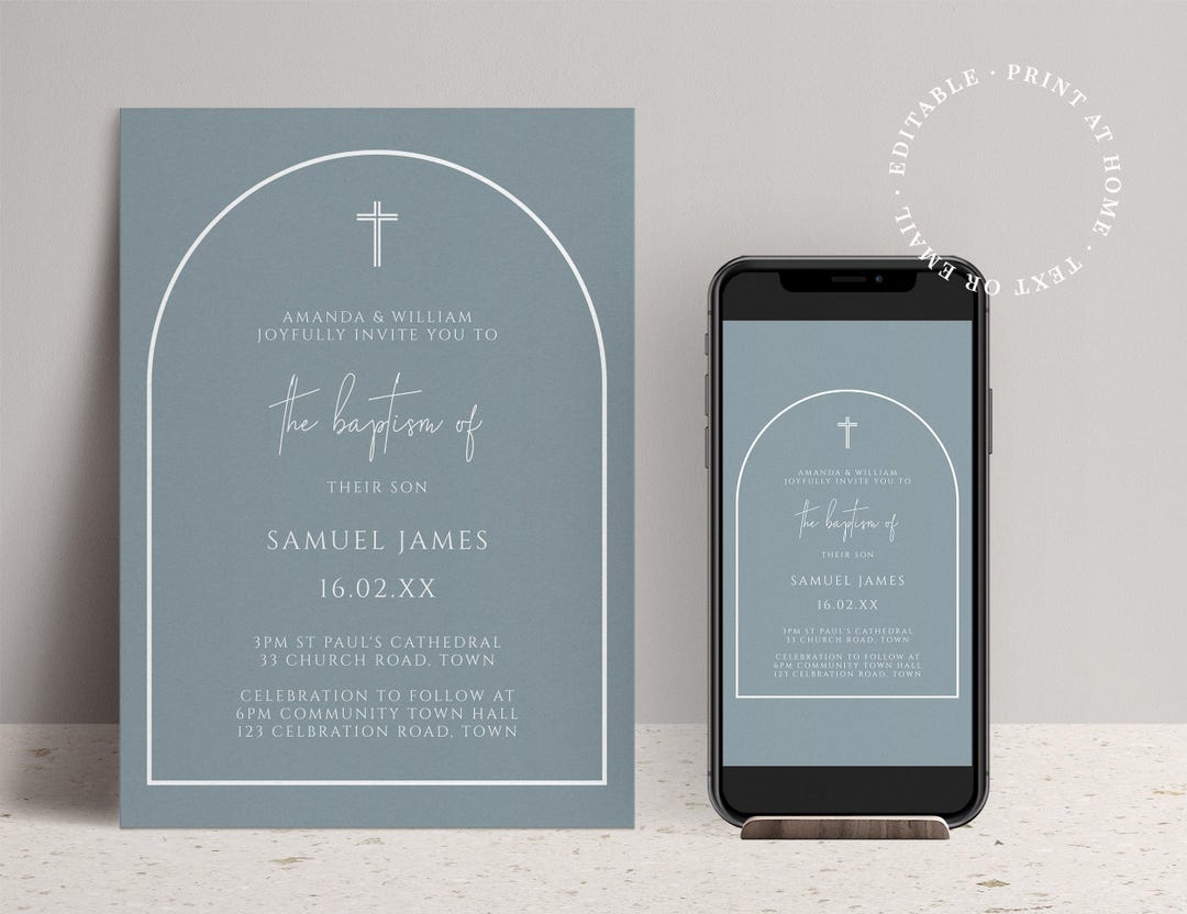 Arch Baptism Invitation Editable Template - Minimalist Dusty Blue Design