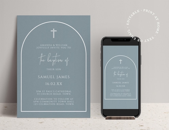 Arch Baptism Invitation Editable Template - Minimalist Dusty Blue Design