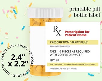 Happy Pills Chill Pill Bottle Label Novelty Fun Printable Rx Prescription Label or Sticker Template