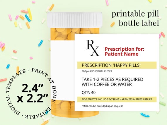 Happy Pills Chill Pill Bottle Label Novelty Fun Printable Rx Prescription Label or Sticker Template