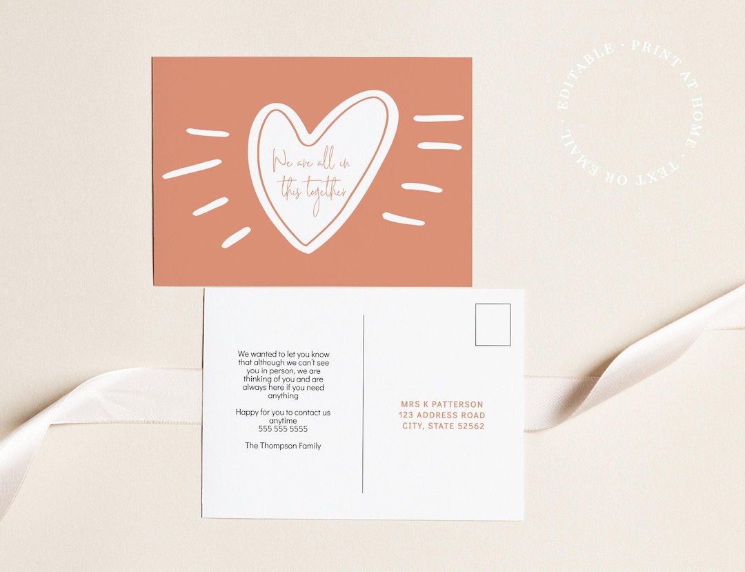 Random Act Of Kindness We Are All In This Together Heart Postcard Template, thinking of you, card template, printable postcard