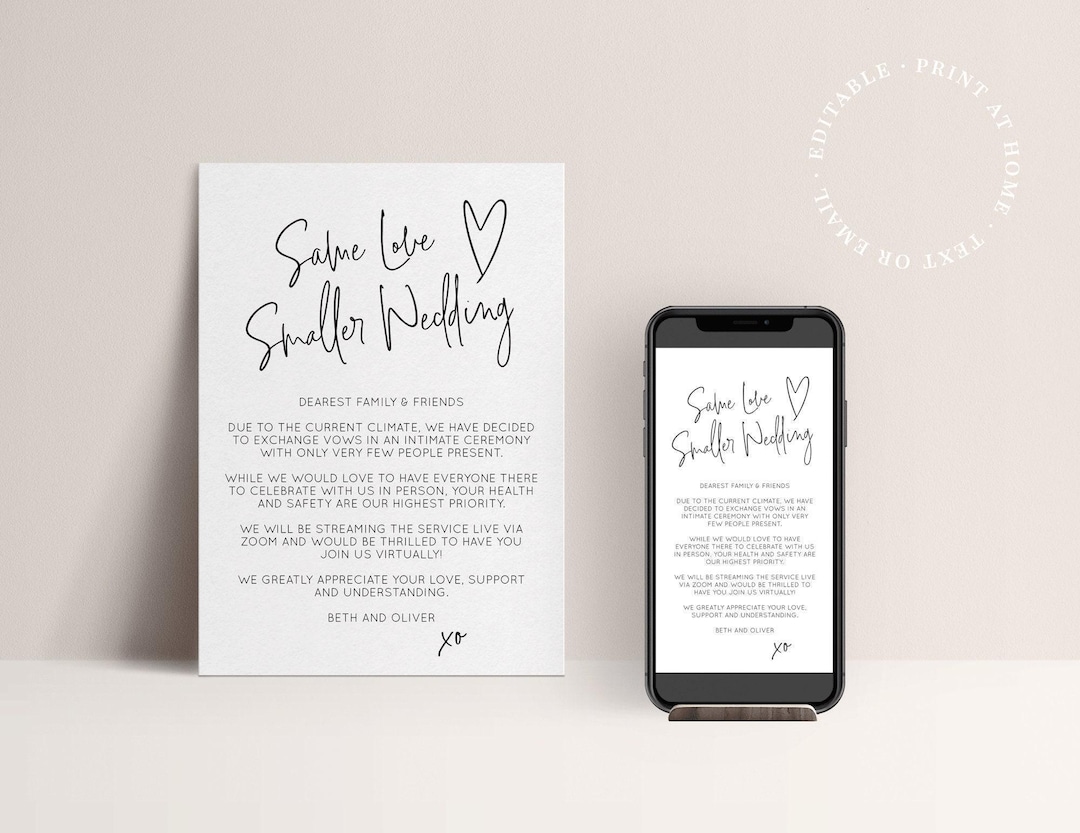Minimalist Wedding Downsize Announcement for Micro Wedding - Digital or Printable Template 'Same Love Smaller Wedding'