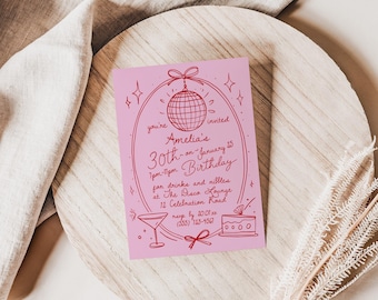 Hand Drawn Scribble Cocktail Invitation for 30th Birthday Party, Unique 30th Birthday Invite, Editable Template