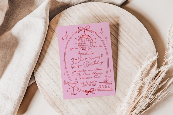 Hand Drawn Scribble Cocktail Invitation for 30th Birthday Party, Unique 30th Birthday Invite, Editable Template