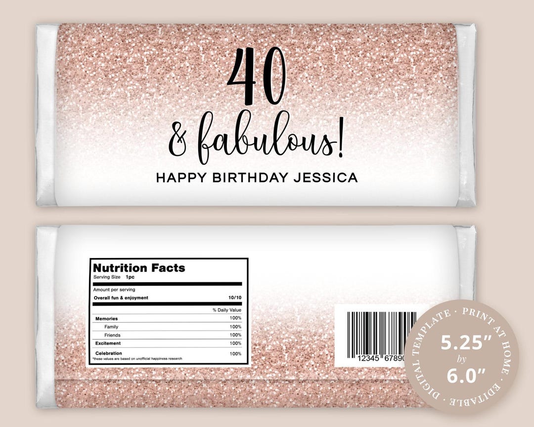 40th Birthday Chocolate Wrapper Label EDITABLE PRINTABLE Candy Bar | Rose Gold Faux Glitter Ombre Design, to fit 1.55oz Bar
