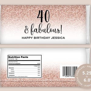 40歳の誕生日用キャンディバー包装紙 - 1.55オンスバー用編集可能なチョコレート包装紙、ローズゴールドのフェイクグリッターオンブルデザイン