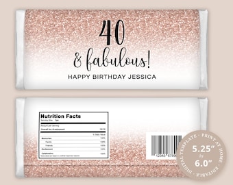 Étiquette d&#39;emballage de chocolat pour 40e anniversaire, MODÈLE IMPRIMABLE, barre chocolatée | Motif or rose ombré avec fausses paillettes, adapté aux barres de 1,55 oz
