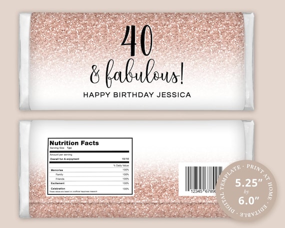 40th Birthday Chocolate Wrapper Label EDITABLE PRINTABLE Candy Bar | Rose Gold Faux Glitter Ombre Design, to fit 1.55oz Bar
