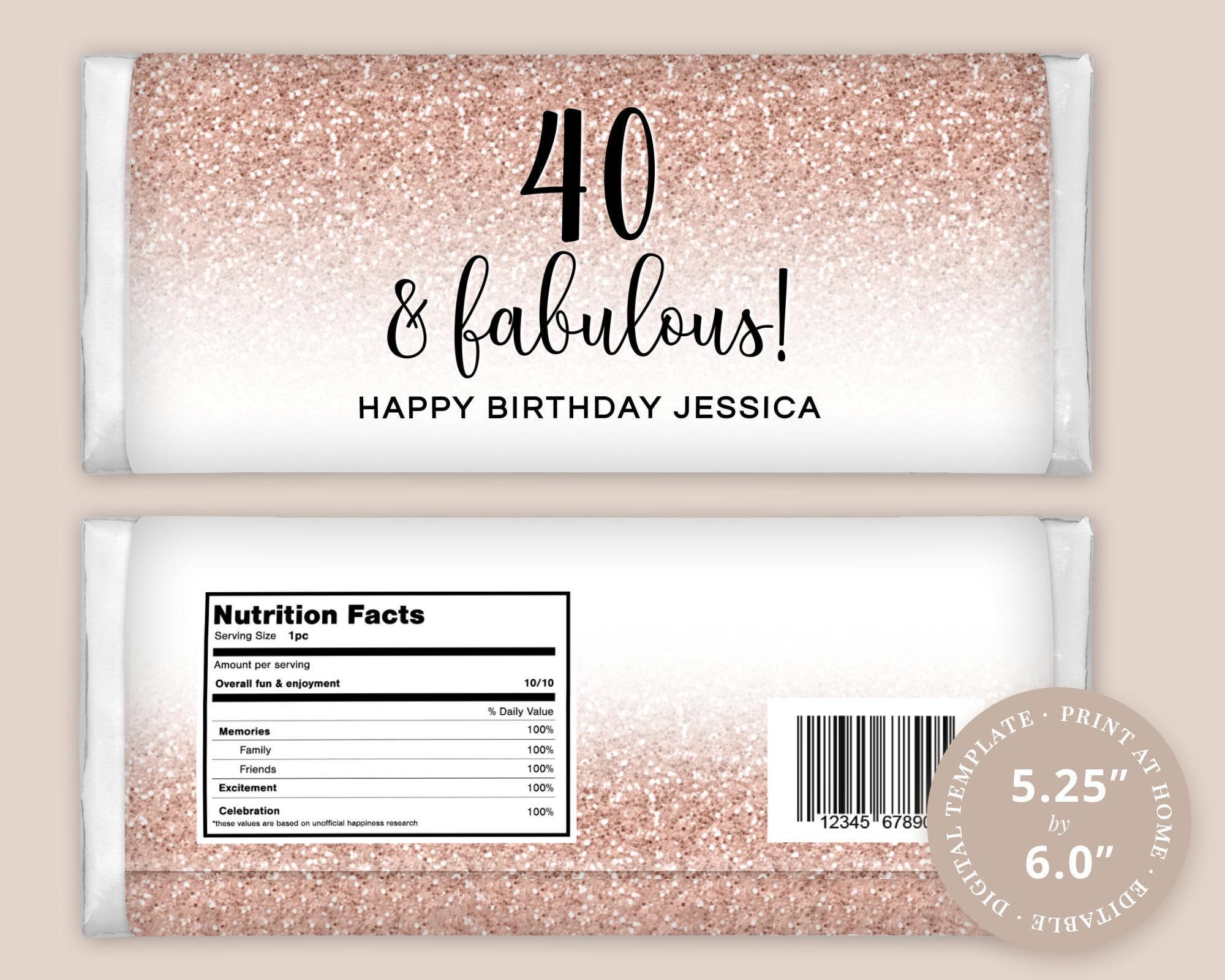 40th Birthday Chocolate Wrapper Label EDITABLE PRINTABLE Candy Bar | Rose Gold Faux Glitter Ombre Design, to fit 1.55oz Bar