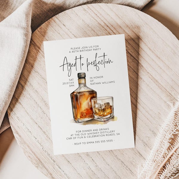 Whiskey Invitation, Whiskey Birthday Invitation, Invitation For Men, Mens Birthday Invite, Whiskey Birthday, Aged To Perfection | AB01WB